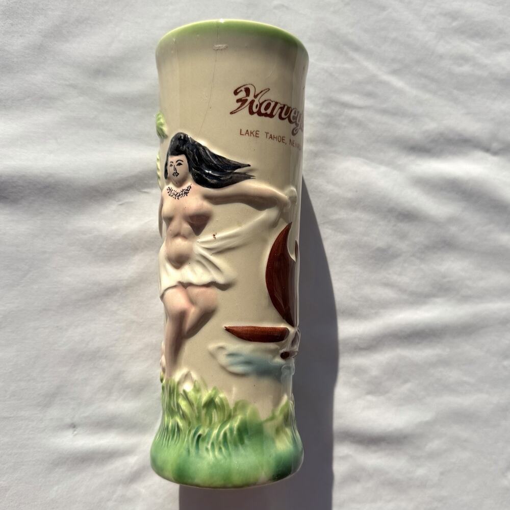 Vintage Harvey’s Lake Tahoe Tiki Hula Girl Mug Or Vase Otagiri Japan 8”